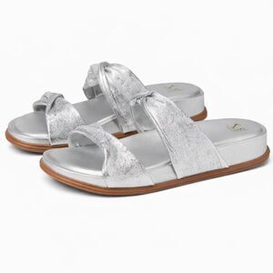 SÖFFT AINSWORTH SILVER METALLIC SLIP ON RUCHED STRAP LOW WEDGE CASUAL SANDAL 8M